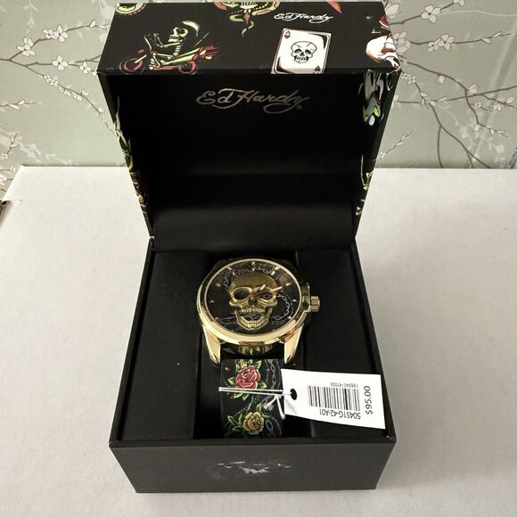 Ed Hardy Men’s Golden Skull Face Watch Black Sneak Floral Strap Goth New - Picture 1 of 4